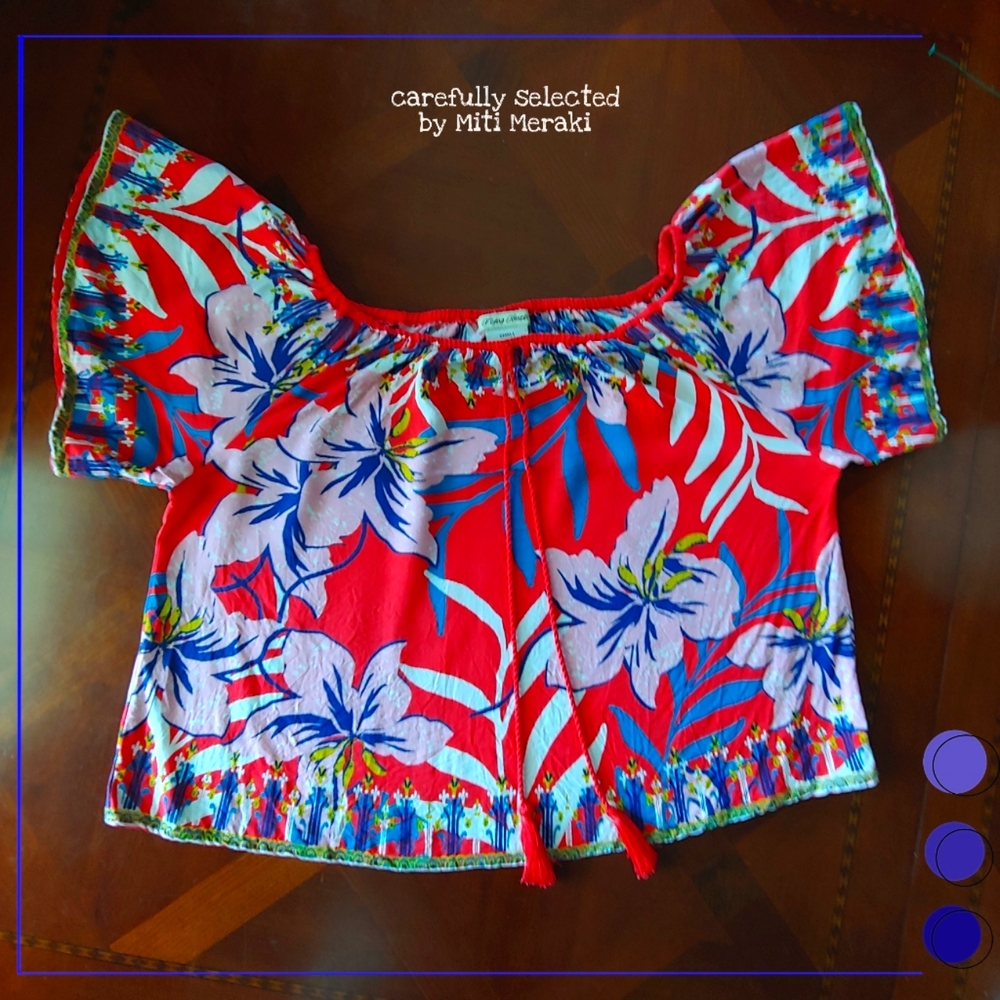 Flying Tomato Tropical Hibiscus Peasant Shirt